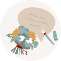 Ein wunderschöner Blumenstrauß mit einer Farbpalette aus Blau, Gelb und Weiß, daneben ein Stift und ein Textfeld.